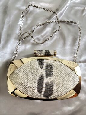 Gold Metallic Snakeskin Clutch with Chain Strap